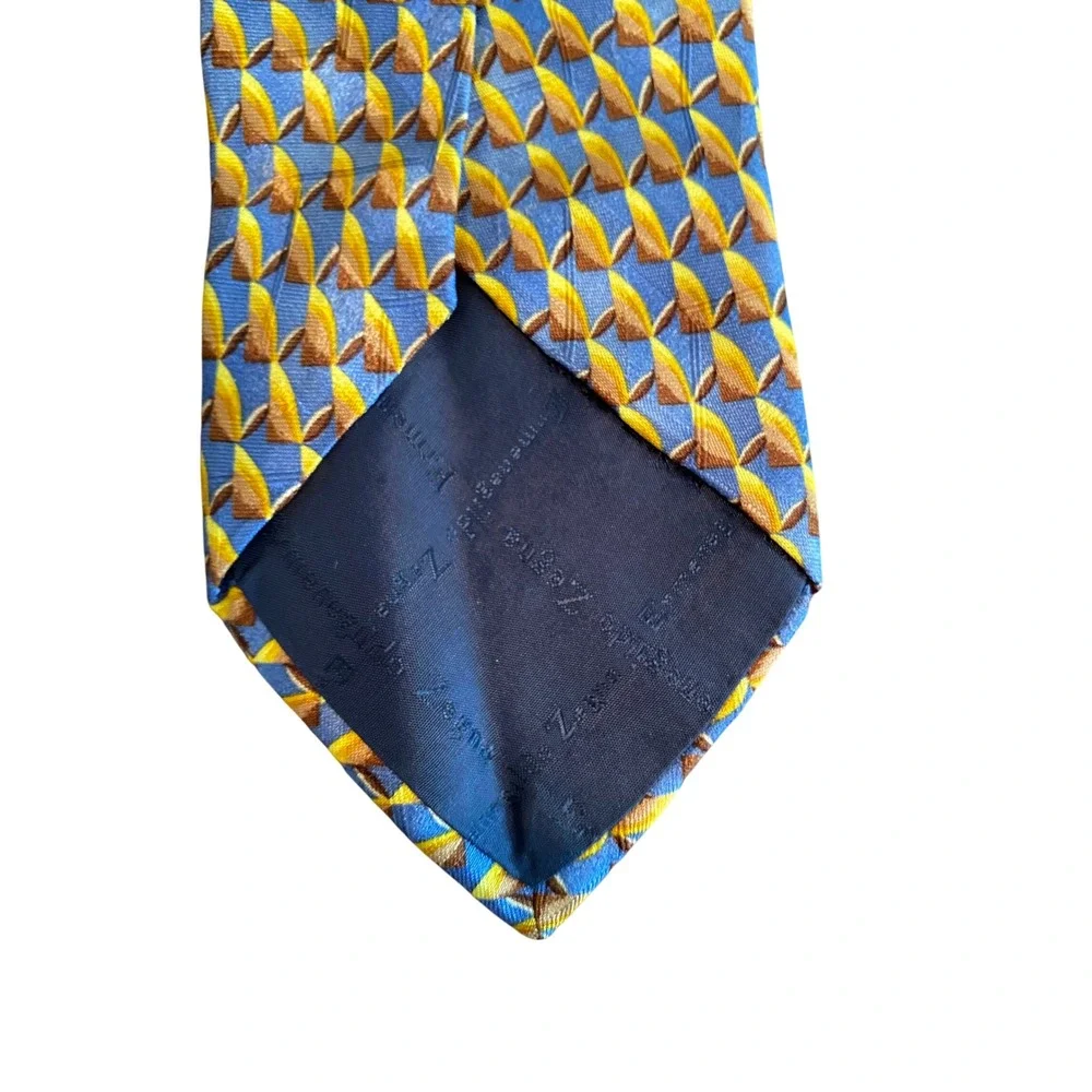 Ermenegildo Zegna Silk Tie Blue Gold‎ Geometric Abstract Made in Italy Mens